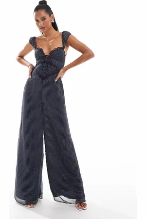 ASOS Mono largo negro de pernera ancha con estampado de lunares, detalle tipo corsé e inserto de encaje de -Azul
