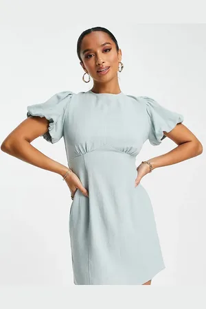 ASOS Vestido recto corto color salvia con mangas abullonadas de lino de ASOS DESIGN Petite-Verde