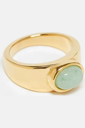 Topshop Anillo dorado de acero inoxidable chapado en oro de 24 quilates con piedra verde Rylie de