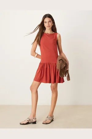 ASOS Vestido corto rojo arcilla con cintura baja de mezcla de lino de