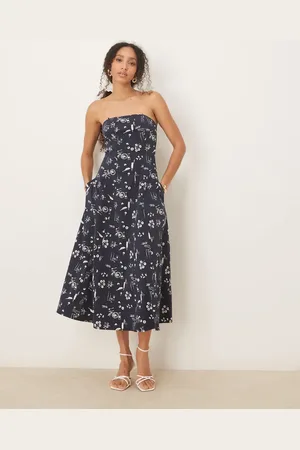 Abercrombie & Fitch Vestido midi azul sin tirantes de corte acampanado con estampado floral de -Rojo