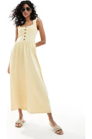 ASOS Vestido de verano midi color manteca con escote cuadrado y detalle de botones de -Beis neutro