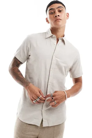 JACK & JONES Camisa beis de manga corta de mezcla de lino de -Beis neutro