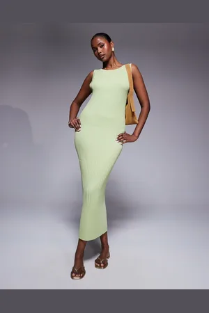 ASOS Vestido semilargo verde con cuello barco de canalé ancho de