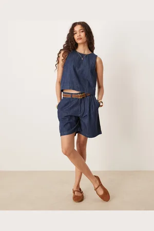 MANGO Pantalones cortos vaqueros azul añil de corte sartorial alargado con detalle de pinzas de algodón de