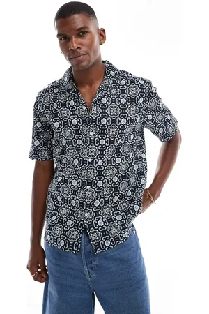 Only & Sons Camisa azul marino con cuello de solapas y estampado de mosaico estilo cachemir de -Verde