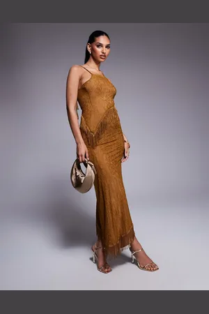 ASOS Vestido largo color asimétrico con flecos y abertura de encaje de -Marrón