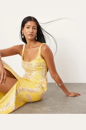 ASOS Vestido semilargo amarillo con estampado geométrico a rayas, escote cuadrado y diseño adornado de ASOS-Multicolor