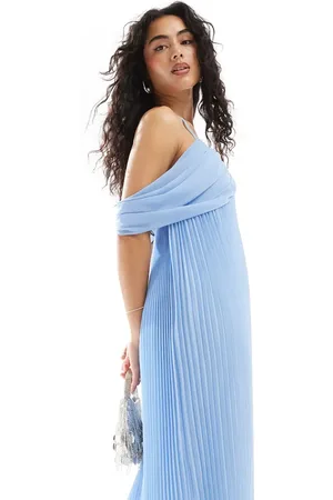 TFNC Vestido de dama de honor largo plisado con hombros descubiertos de chifón de