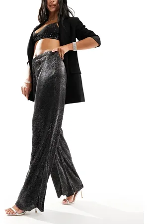 JDY Pantalones negros de pernera ancha con acabado de purpurina de