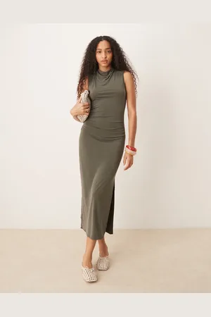MANGO Vestido largo lavado con cintura fruncida ceñida de tejido suave de -Verde