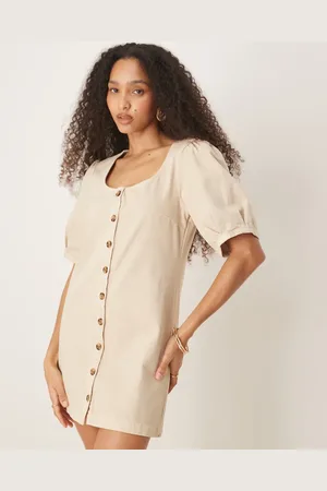 ASOS Vestido vaquero corto beis con mangas abullonadas y botones de -Blanco