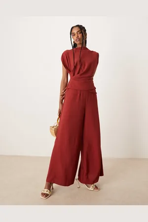 ASOS Mono largo color óxido sin mangas con cintura fruncida de -Rojo