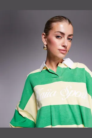 Kaiia Camisa a rayas verdes y amarillas extragrande de estilo rugby de Sport-Multicolor