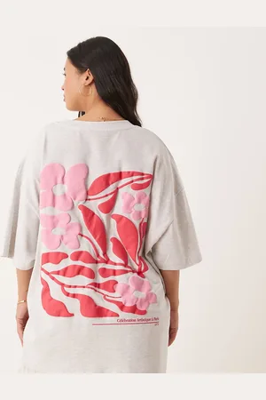 ASOS Camiseta gris hielo jaspeado extragrande con estampado floral rosa en relieve de ASOS DESIGN Curve
