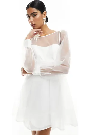 Forever New Vestido de novia corto blanco con lazo en la espalda de organza de
