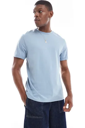 ASOS Camiseta azul básica con cuello redondo y mangas vueltas de