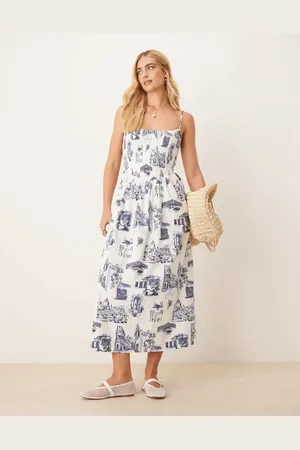 Abercrombie & Fitch Vestido midi amarillo fruncido con cintura baja de popelina de