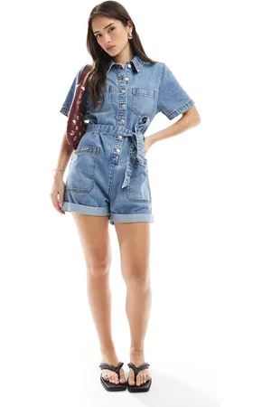 ASOS Mono corto de corte cuadrado con lavado medio y cinturón de