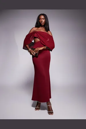 ASOS Vestido midi de tejido efecto neopreno con escote Bardot y detalle drapeado transparente en las mangas de -Rojo