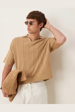 ASOS Polo de corte cuadrado extragrande de canalé con muesca en el cuello y detalles de pointelle de -Neutro