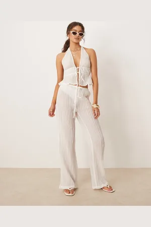 MANGO Pantalones blancos con lazada en la cintura de ramio efecto rugoso de (parte de un conjunto)