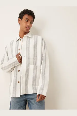 SELECTED Sobrecamisa blanca a rayas azul marino de tejido gofrado de