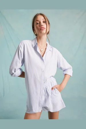 Miss Selfridge Camisa blanca extragrande a rayas azules de popelina de (parte de un conjunto)-Blanco