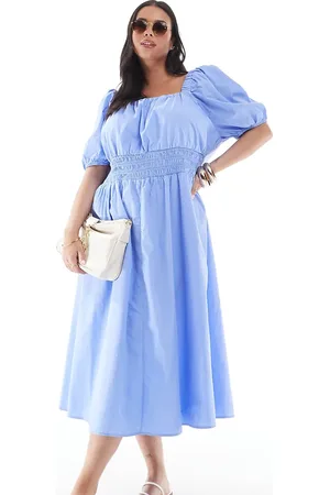 VERO MODA Vestido midi azul de estilo mesonera con mangas abullonadas de