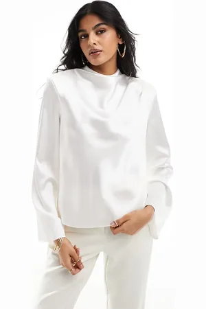 ASOS Top color de manga larga con cuello alto desbocado de -Blanco