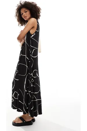 ASOS Vestido largo sin mangas de corte trapecio con diseño estampado y detalle de anilla en la espalda de