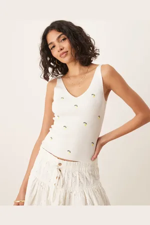 JDY Camiseta blanca de tirantes con bordados de limones de punto de