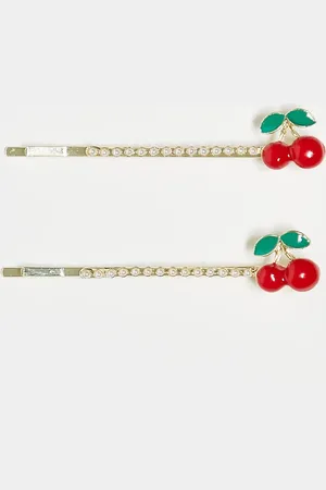 DesignB London Pinzas para el pelo con diseño de perlas y cerezas rojas de