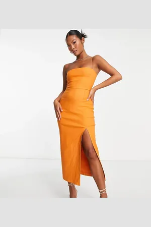 Vesper Vestido midi naranja tostado de tirantes finos de bengalina de