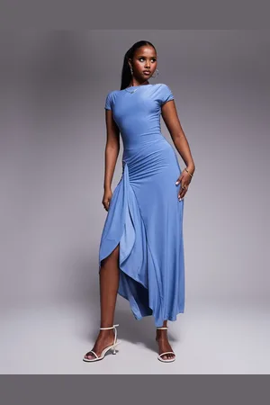 Kaiia Vestido largo ceñido con mangas de casquillo, abertura lateral y detalle drapeado exclusivo de