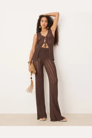 MANGO Pantalones marrones de pernera recta de croché de (parte de un conjunto)