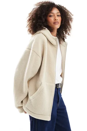 ASOS Sudadera color hueso extragrande con capucha, cuello alzado y cremallera de borreguito de -Beis neutro