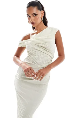 ASOS Vestido midi color plisado con hombro caído y detalle retorcido de -Blanco