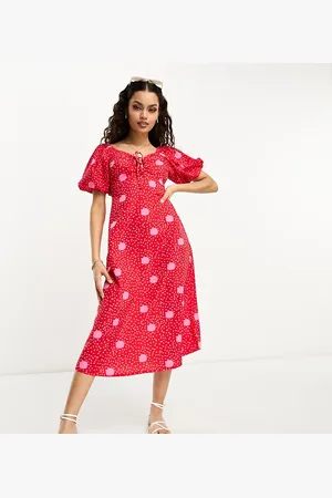 Influence Petite Vestido midi rojo con estampado de lunares y lazada delantera de