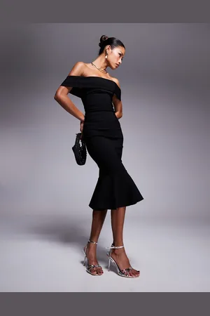 Vesper Vestido midi de corte sirena en el bajo con escote Bardot de bengalina de -Azul marino