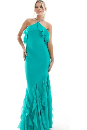 ASOS Vestido largo azul de corte al bies con cuello halter y volantes en el bajo y parte superior de ASOS DESIGN Petite