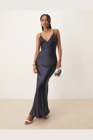 SNDYS Vestido largo con cuello de pico y detalle de lazada en la espalda de satén exclusivo de