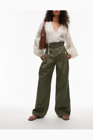MANGO Pantalones caquis de pernera ancha con pinzas delanteras y cinturón de algodón de -Verde