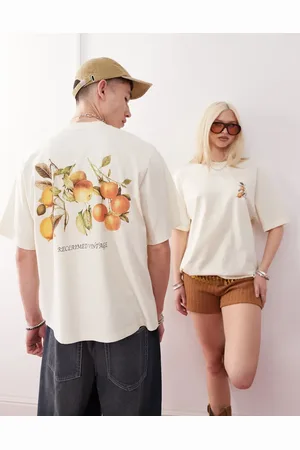 Reclaimed Camiseta corta color crudo unisex de corte cuadrado con estampado de fruta en la espalda de -Blanco