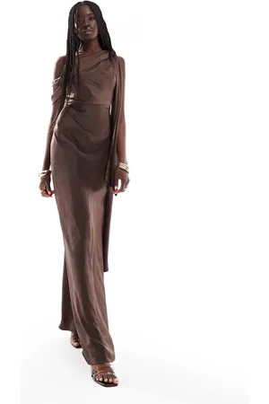 Six Stories Vestido de dama de honor largo marrón chocolate asimétrico con lazo de satén de