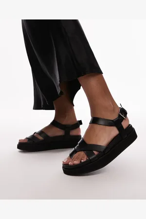 Topshop Sandalias negras con diseño de tiras y tira de dedo de cuero premium Jaya de