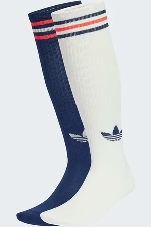 adidas Pack de 2 pares de calcetines por la rodilla de color blanco hueso y azul añil con 3 rayas de