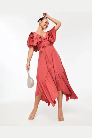 ASOS Vestido midi rosa con parte delantera y trasera de pico y acabado lavado de satén de
