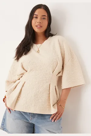 ASOS Top color de manga corta con diseño floral de jacquard de ASOS DESIGN Curve-Blanco