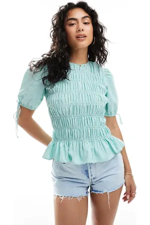 ASOS Top verde a rayas con mangas abullonadas y detalle fruncido de
